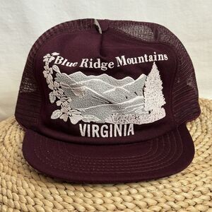 Vintage 80s Blue Ridge Mountains Virginia Hat Cap Snapback Maroon Trucker Mesh